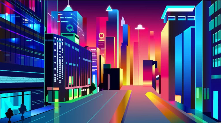 未来科技科幻霓虹灯渐变绚丽城市建筑夜景灯光插画AI/PSD设计素材100套【012】